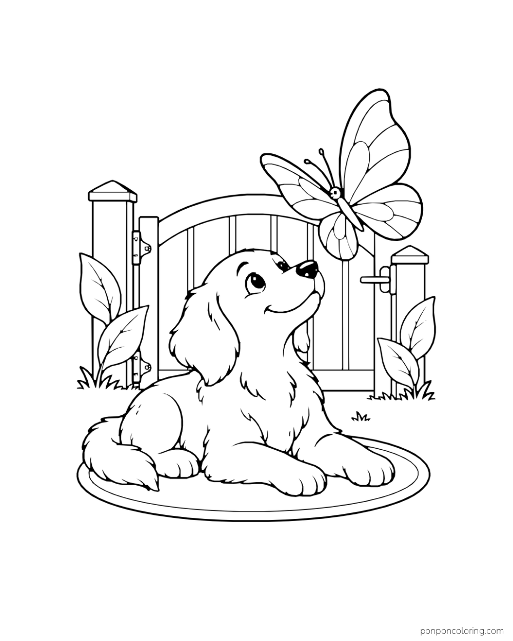 A dog rests on an oval mat by a garden gate and watches a butterfly hover above.