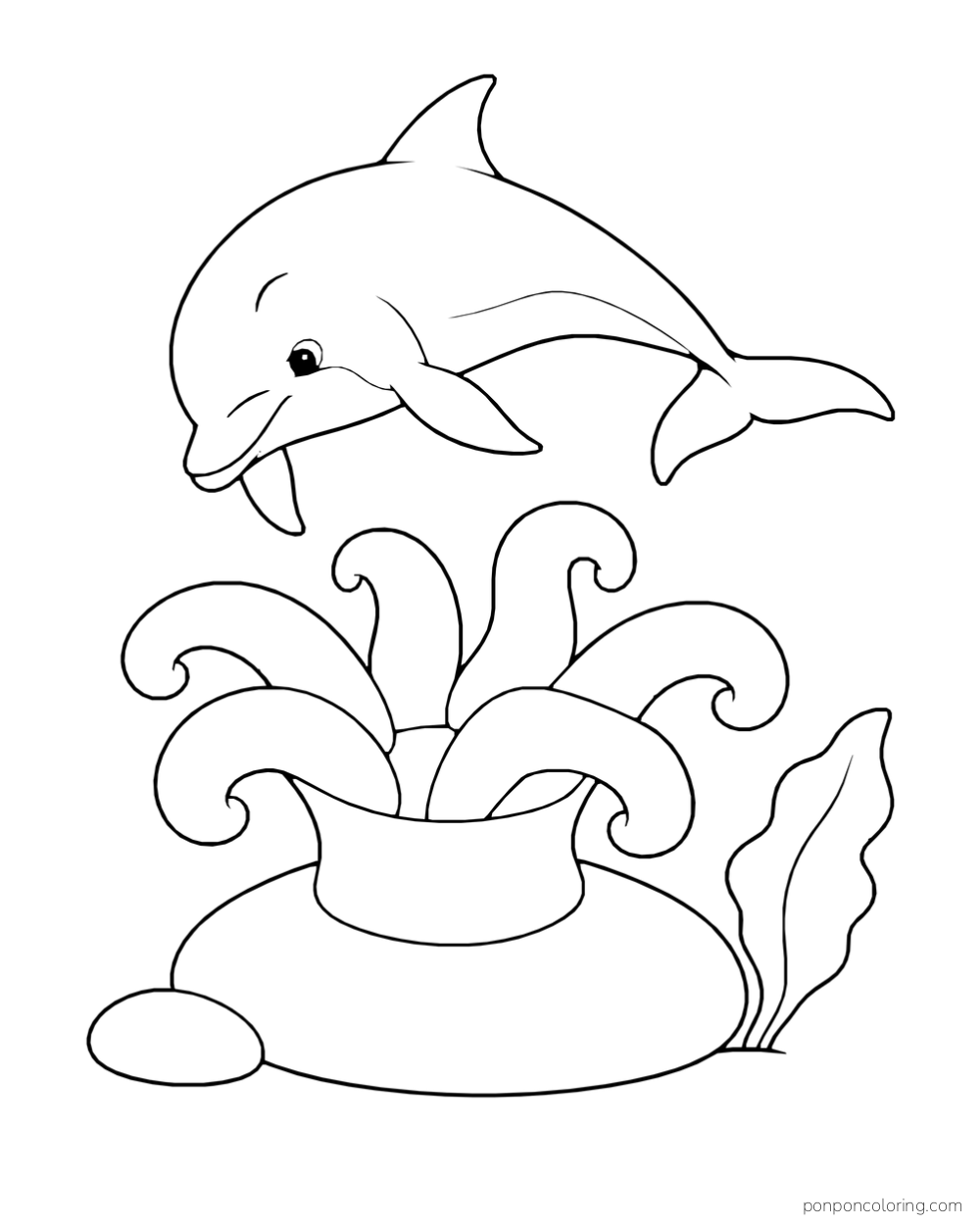 A dolphin swims above a large cup-shaped sea plant with broad curling arms on a low oval reef.