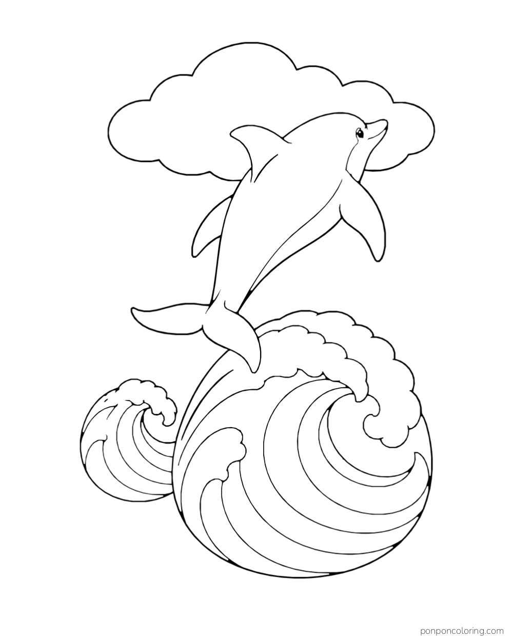 A dolphin rises above a large complete spiral-like wave curl beneath one broad cloud.