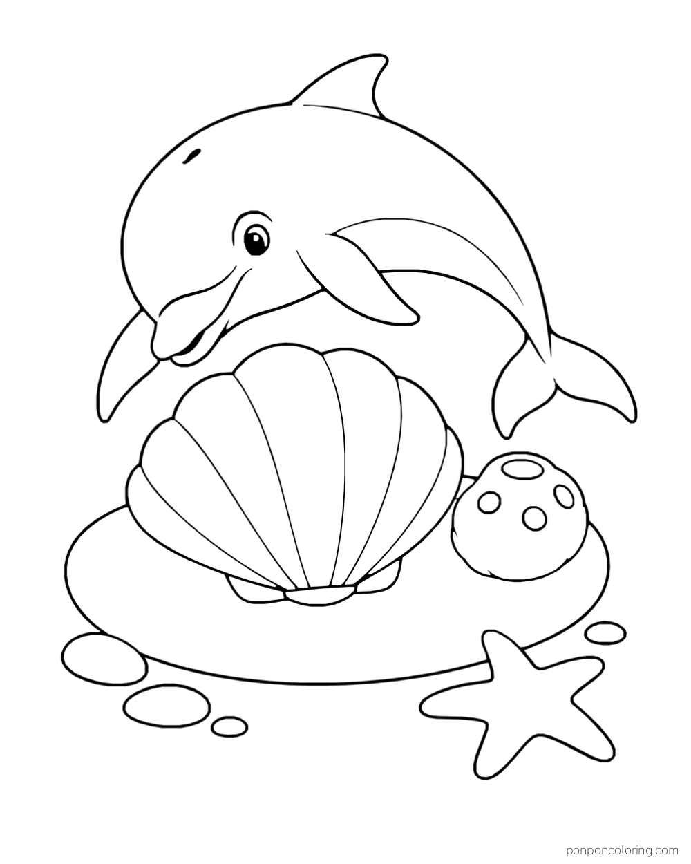 A dolphin curves above a broad closed scallop shell, round sponge and sea star on a low reef patch.