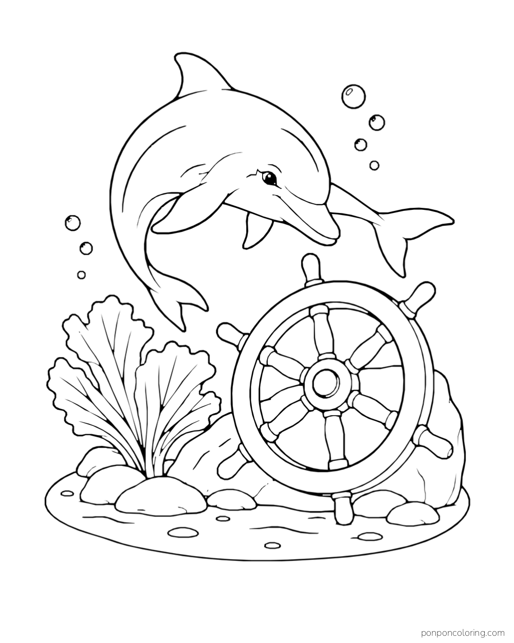 A dolphin banks over an upright ship wheel resting on a reef beside a fan-shaped sea plant.