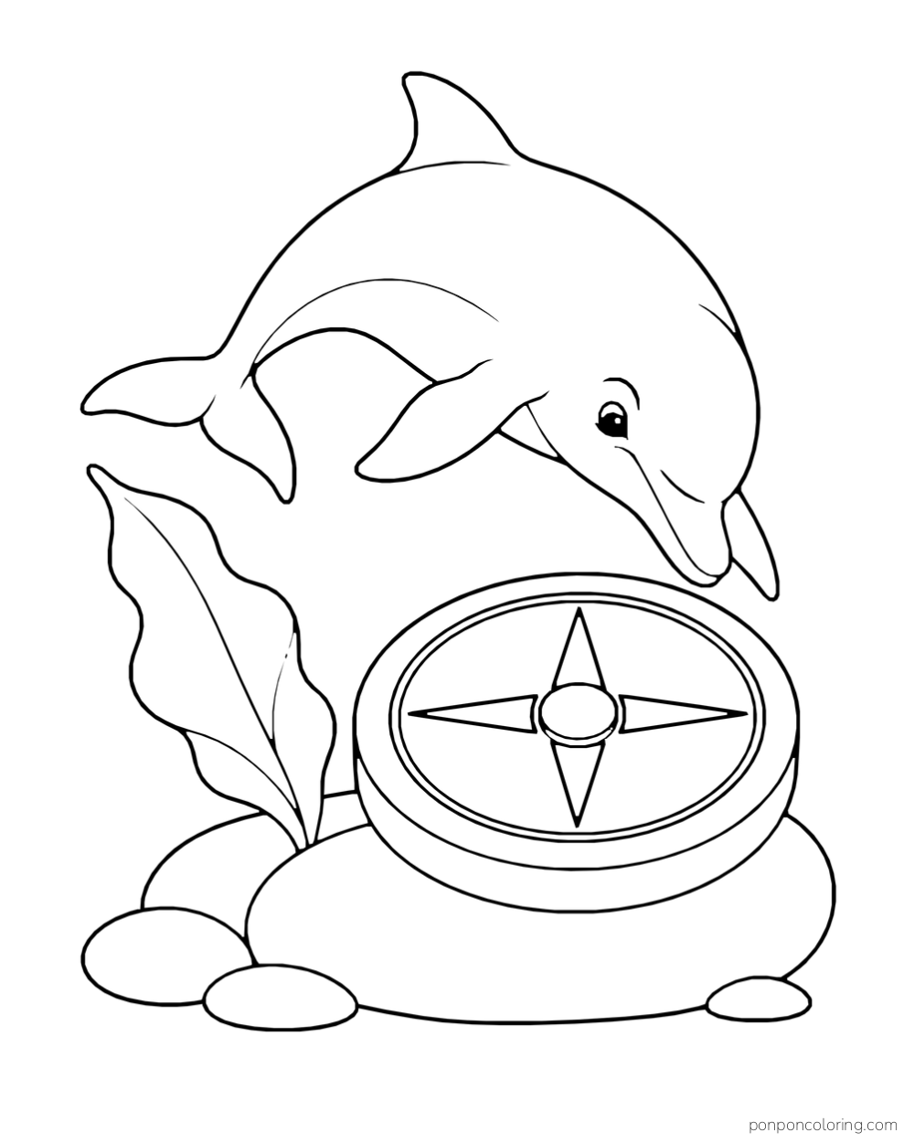 A dolphin looks toward a large round disk with four broad points on a reef stone beside a sea leaf.