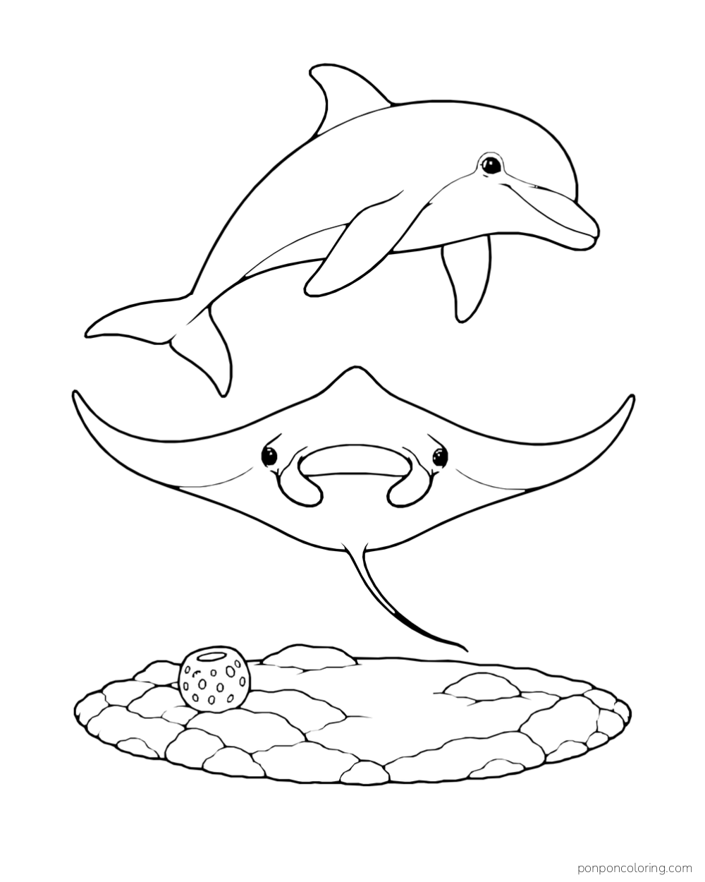 A dolphin swims above a broad-winged manta ray over a rounded reef shelf with a small cup-shaped sponge.