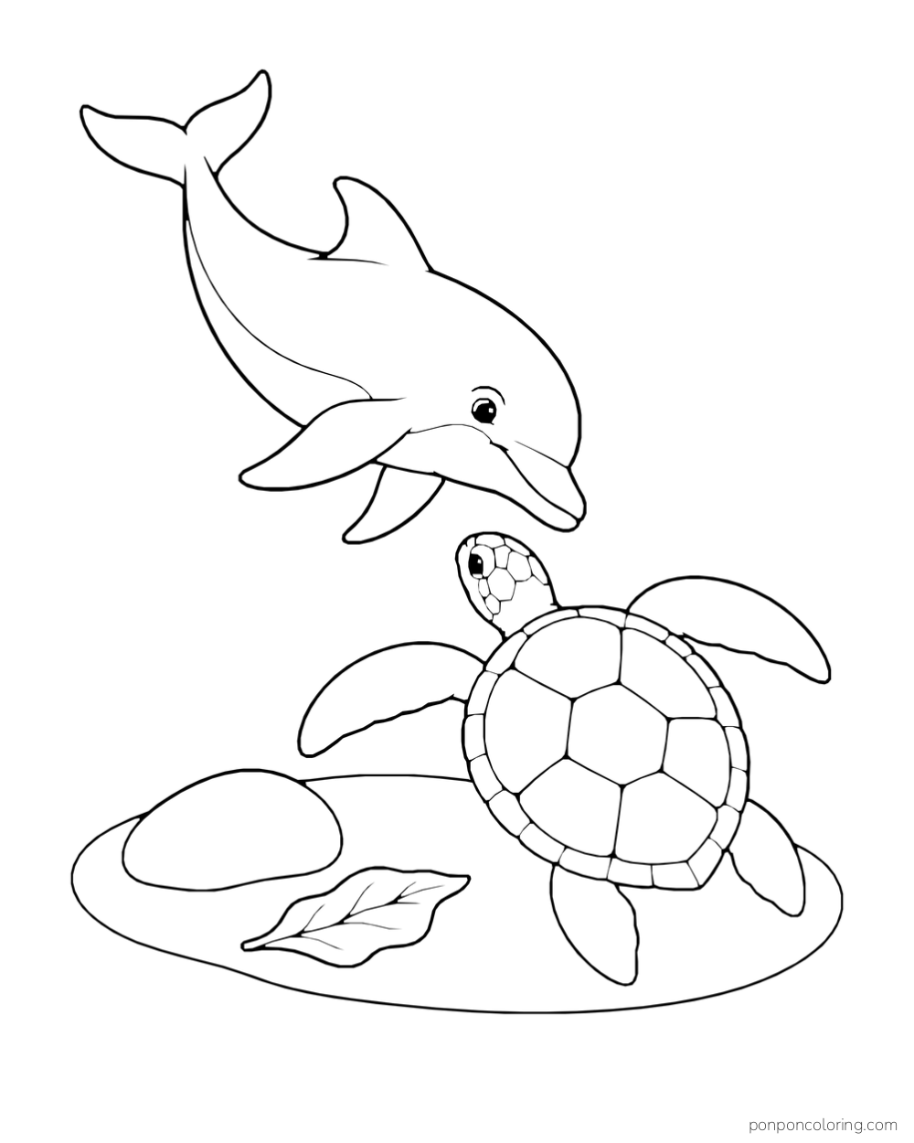 A dolphin curves above a sea turtle on a low oval patch with a stone and a broad leaf.