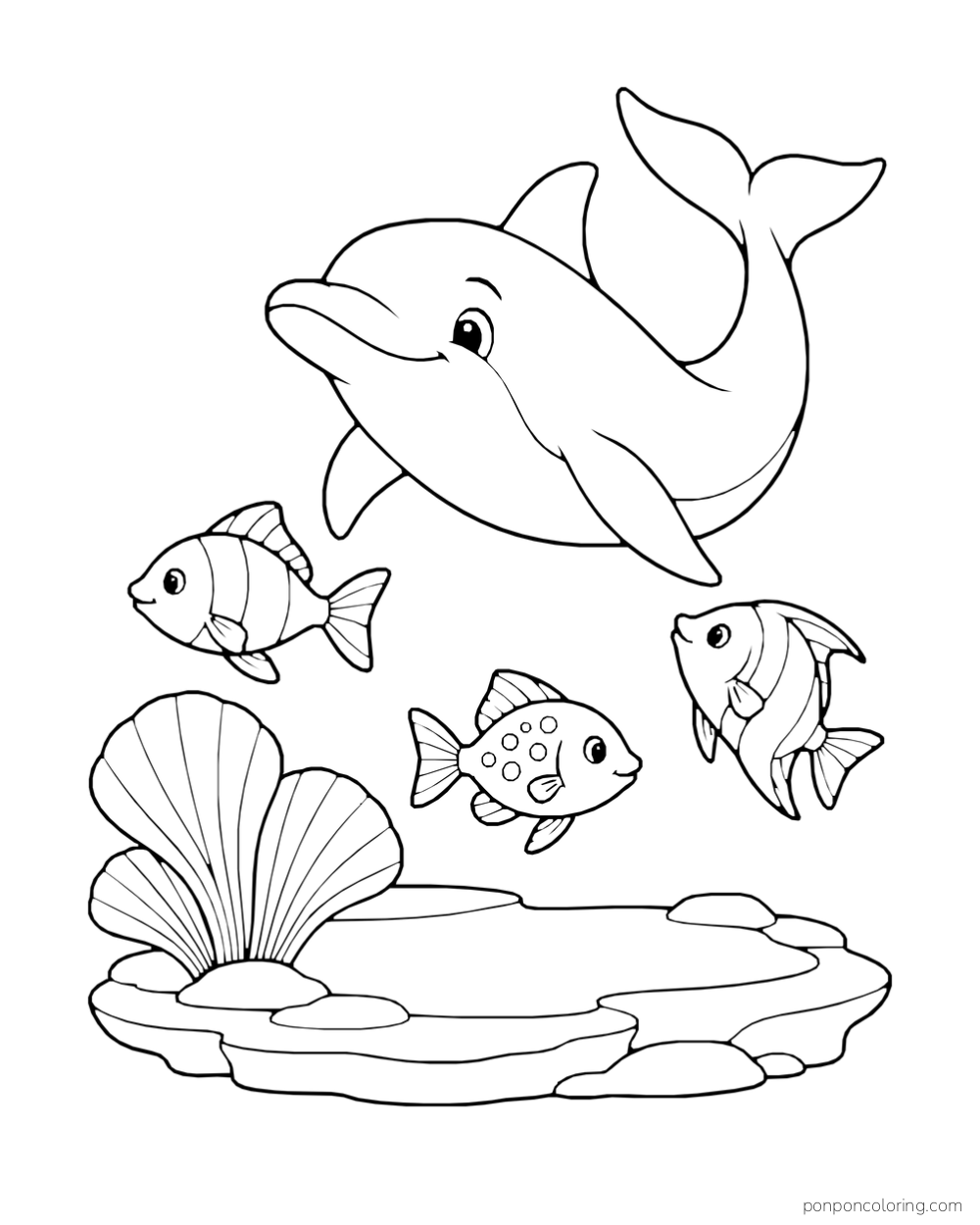 A dolphin and three fish swim above a stepped reef with a wide fan-shaped sea plant.