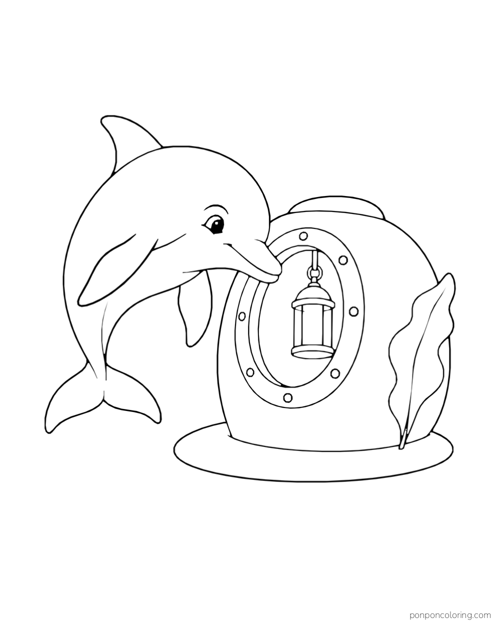 A dolphin leans toward a round porthole with a hanging lantern inside, next to a broad sea leaf.