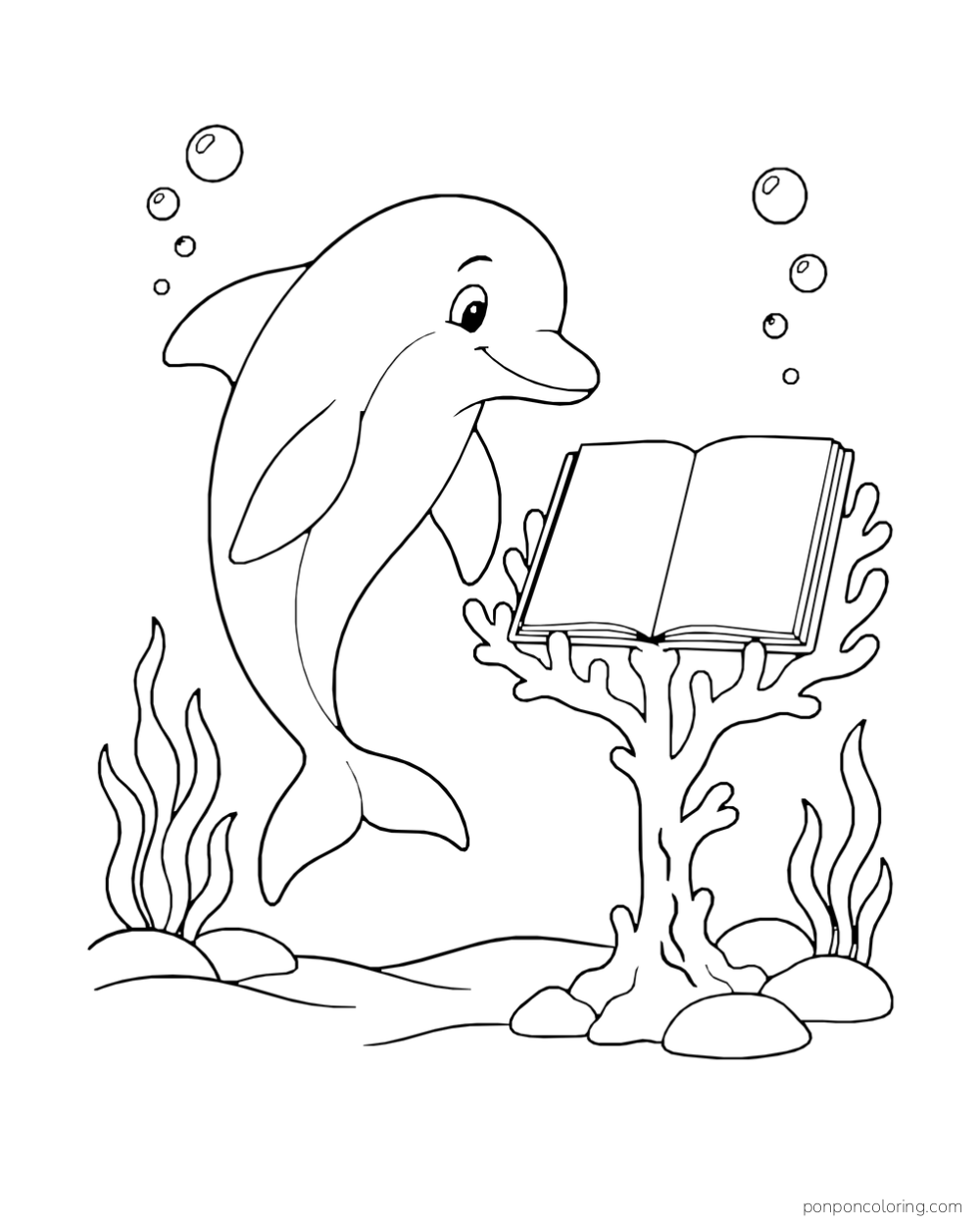A dolphin faces an open blank book on a coral-shaped stand.