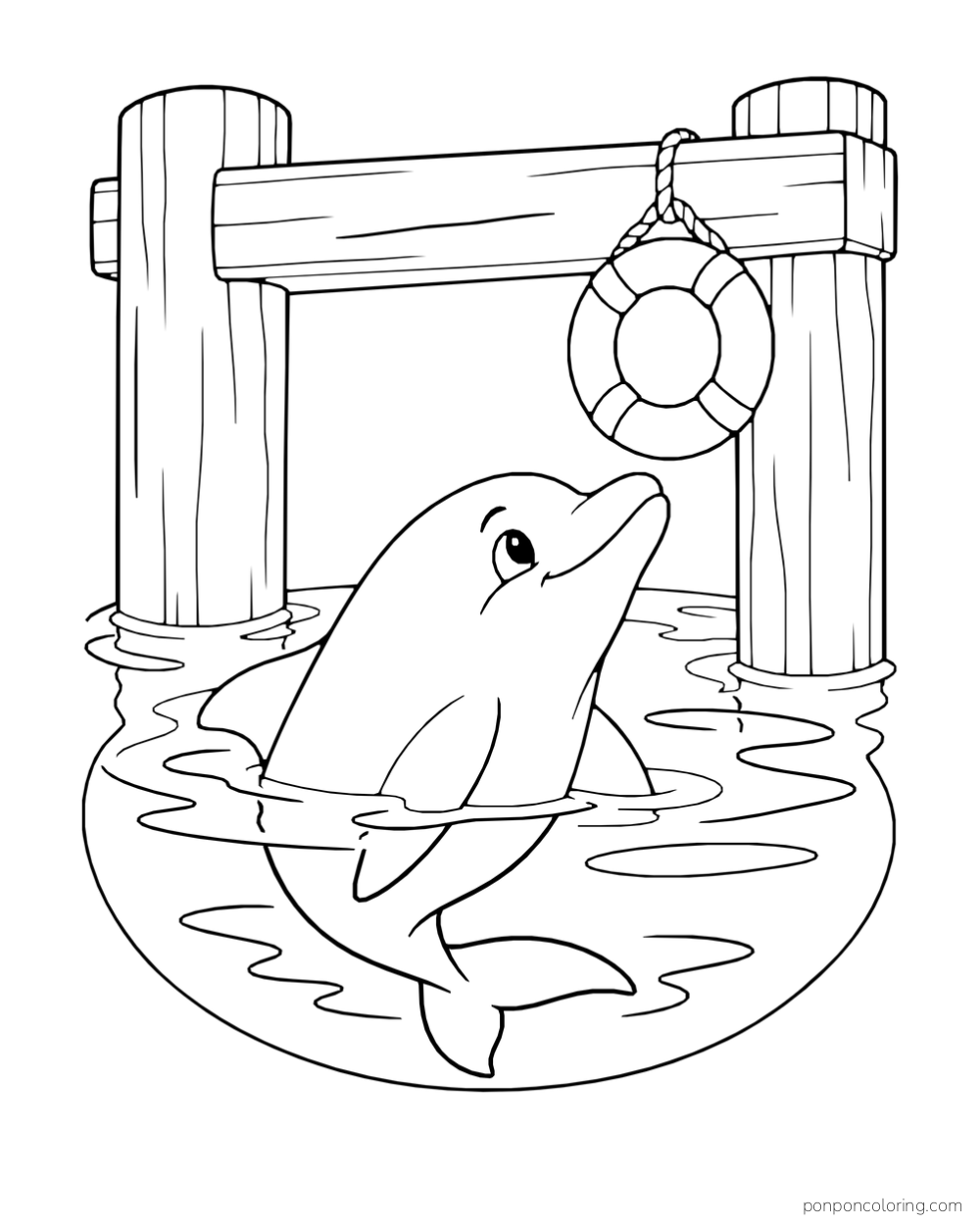A dolphin looks up toward a hanging life ring between two wooden pier posts above an oval water patch.