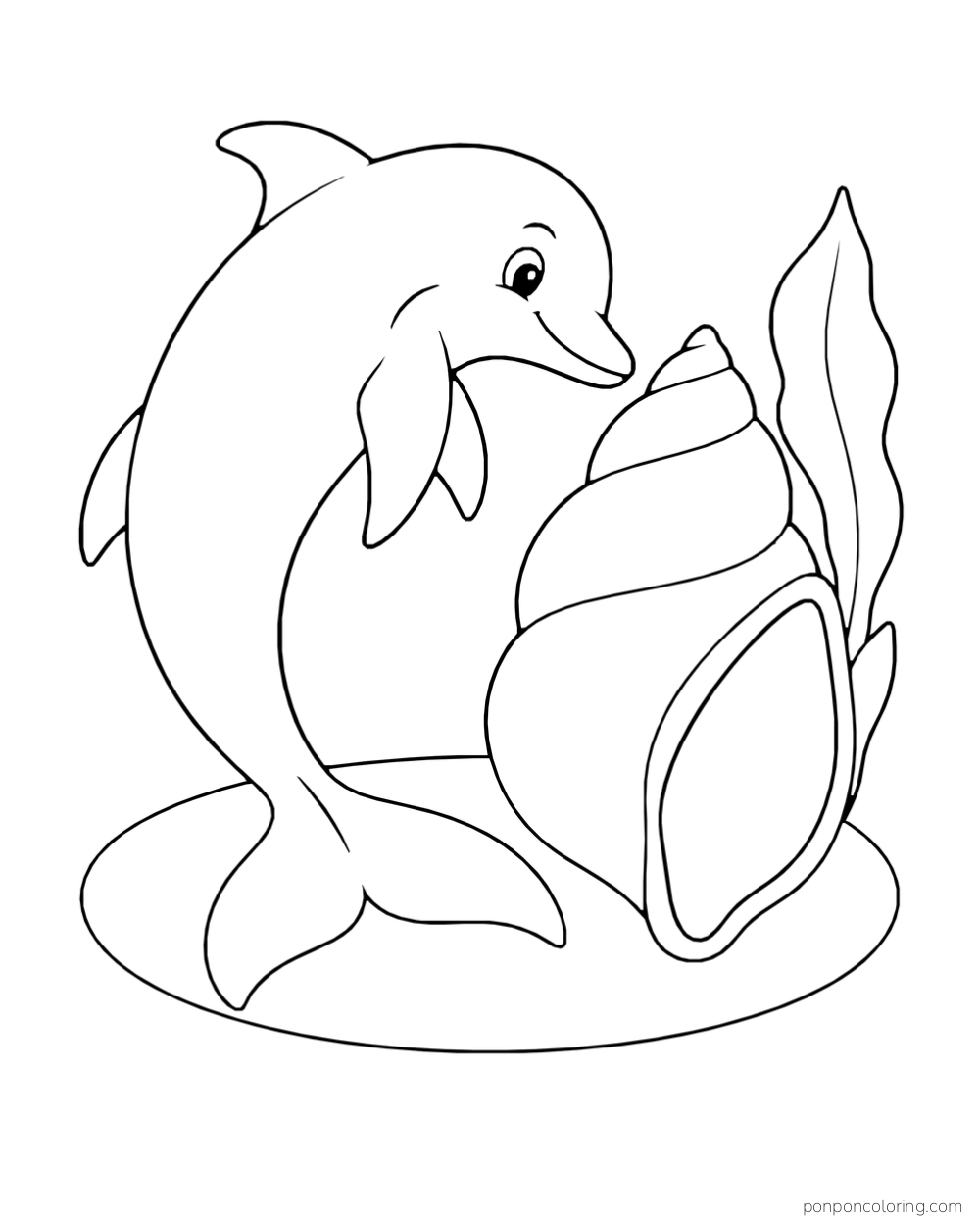 A dolphin faces a large upright conch-shaped shell beside one broad sea leaf on a smooth oval patch.