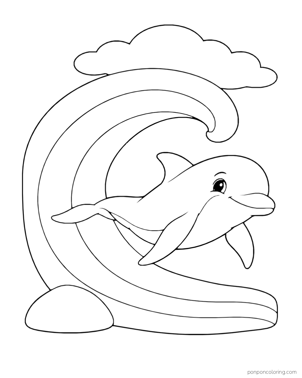 A dolphin glides beside a broad curling wave with three smooth bands, a round stone and one cloud.