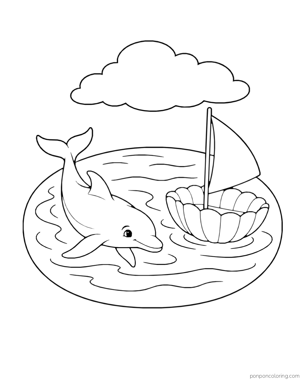 A dolphin swims beside an empty shell-shaped sailboat in a round water pool beneath one cloud.