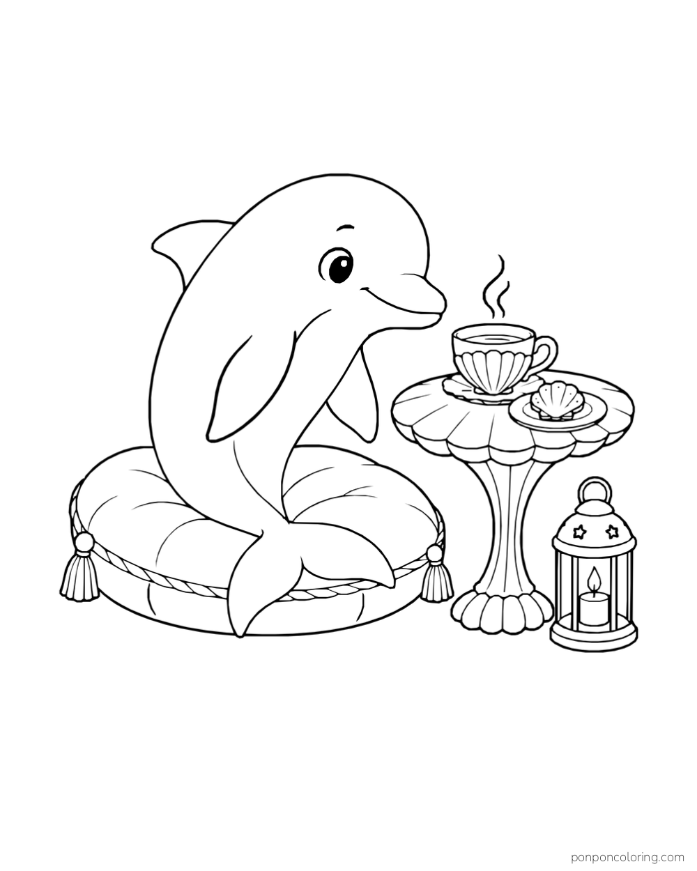 A dolphin sits on a tasseled round cushion beside a shell-shaped table with a teacup and shell cookie, with a small lantern nearby.