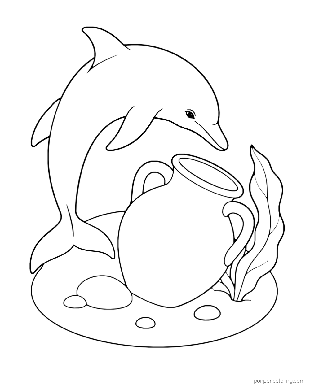 A dolphin bends toward a large two-handled jar on a low oval seabed patch beside a sea leaf.