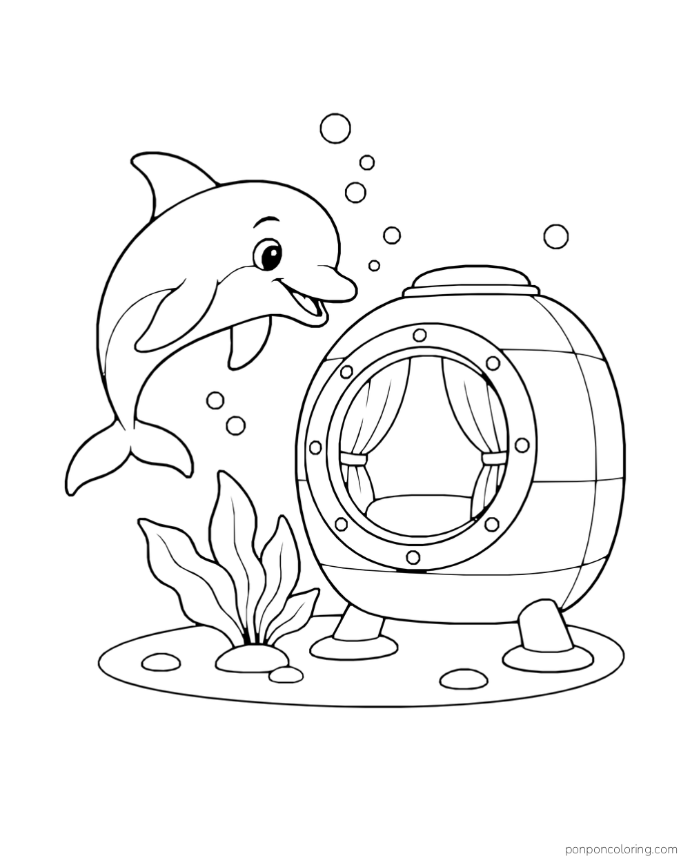 A dolphin swims beside a round underwater pod with a curtained window, sea plants and an oval seabed patch.