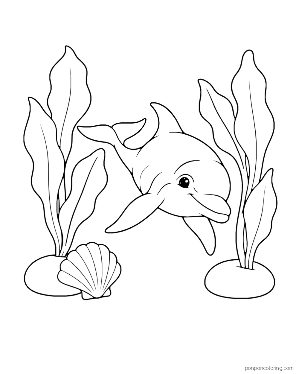 A dolphin turns through the opening between two tall sea plants, with a scallop shell below.