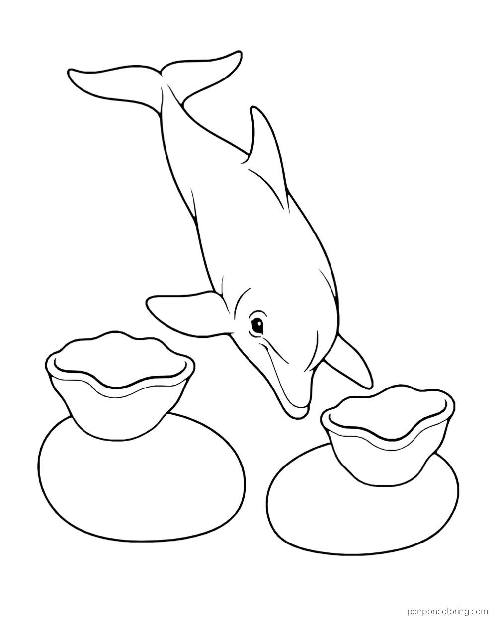 A dolphin swims downward between two separate oval rocks, each topped with a broad cup-shaped coral.