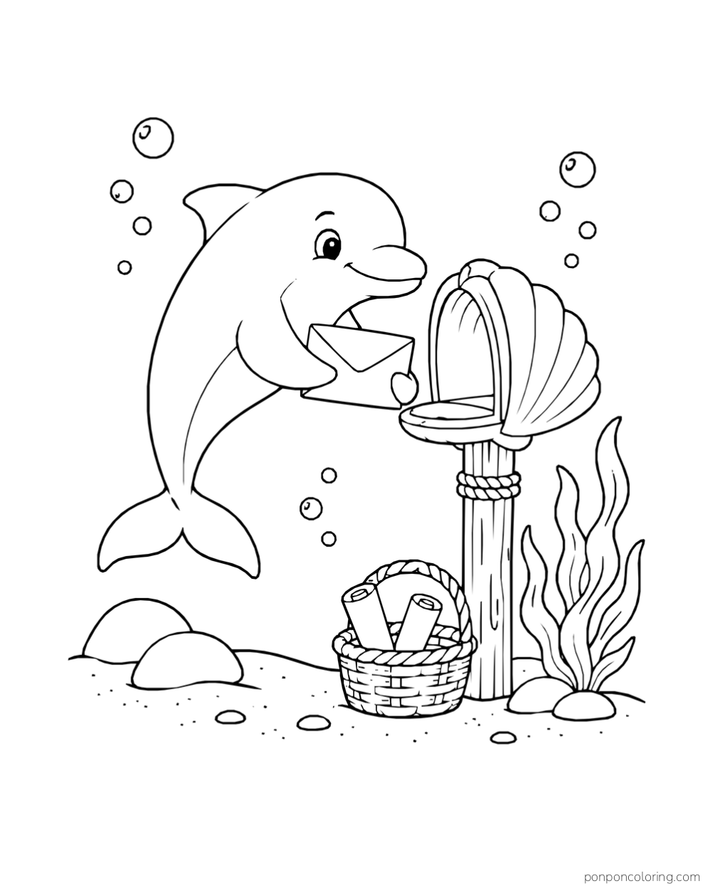 A dolphin carries an envelope toward a shell mailbox on a post, with a basket of rolled letters, seaweed, and rocks below.