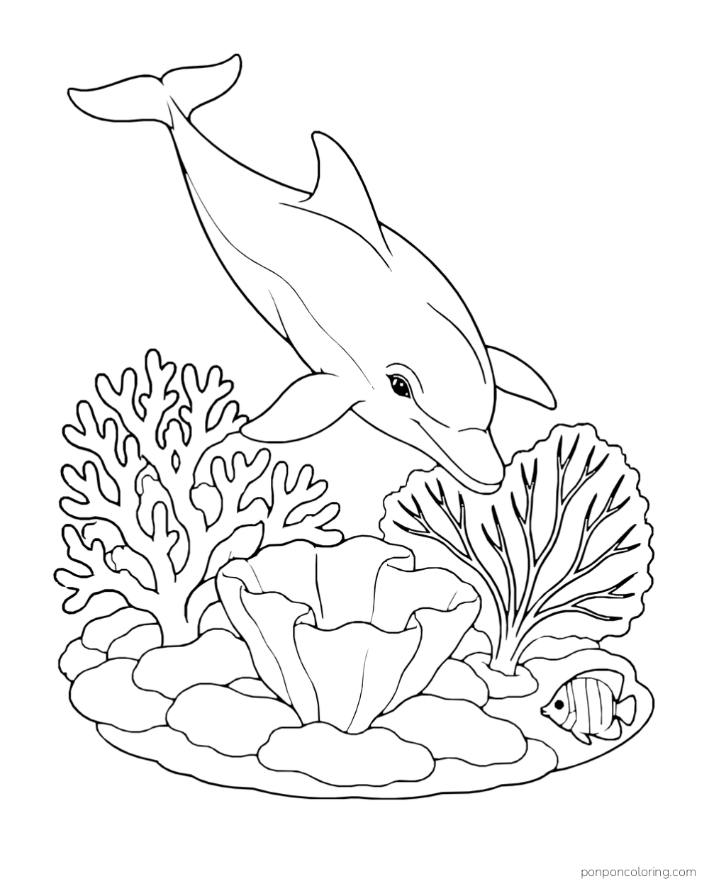 A dolphin dives above a reef with three broad coral shapes and one small fish at the right.