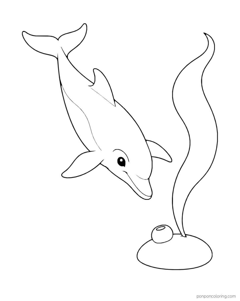 A dolphin dives downward beside a tall curled sea leaf growing from a low oval stone.