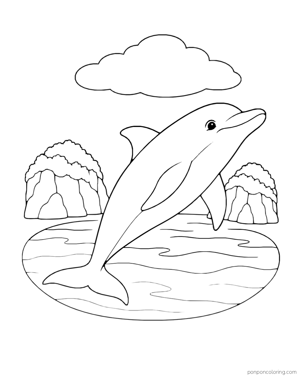 A dolphin glides through an oval water patch between two rounded coastal islets beneath one cloud.