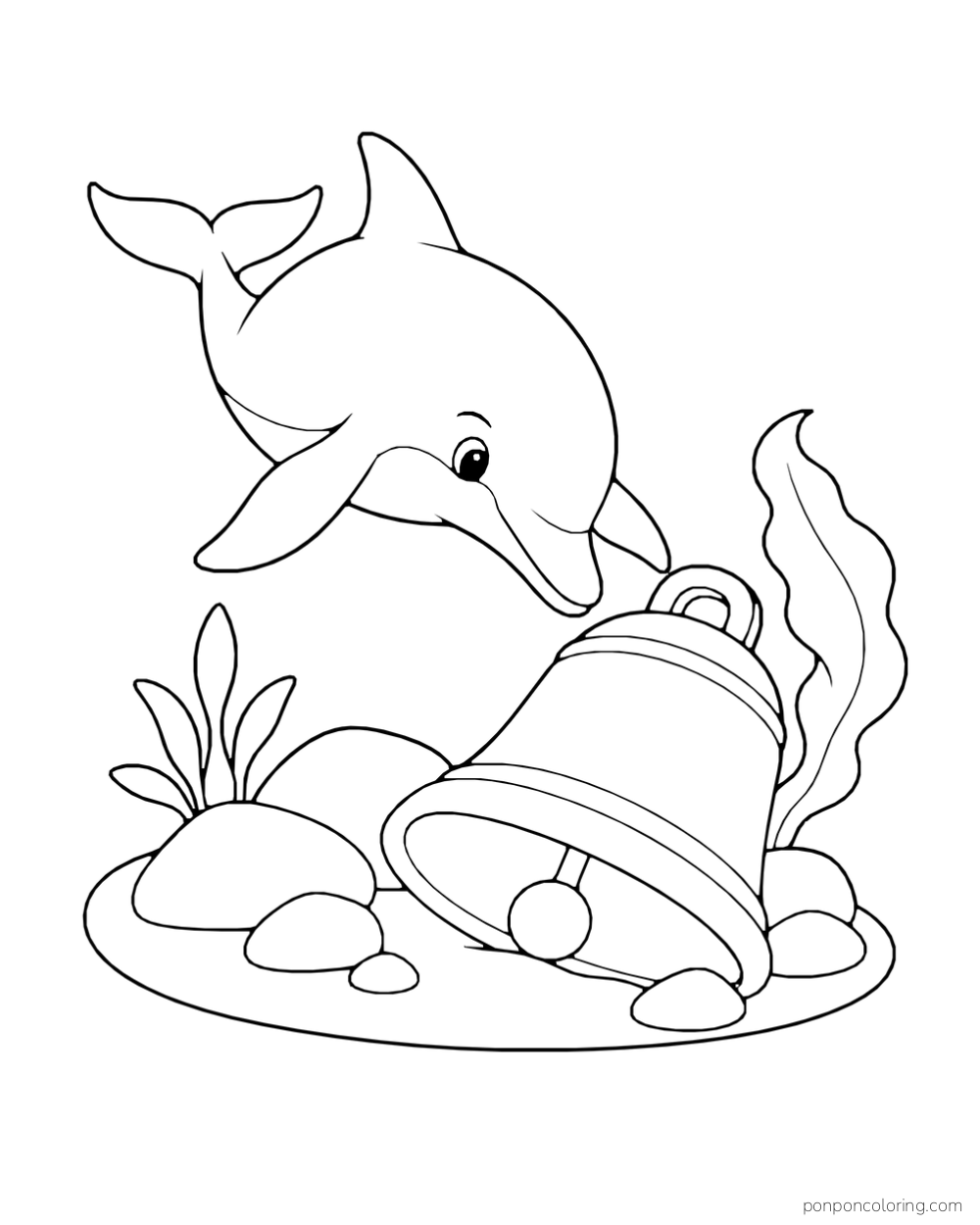 A dolphin angles toward a large tipped bell on a seabed patch with stones and sea leaves.
