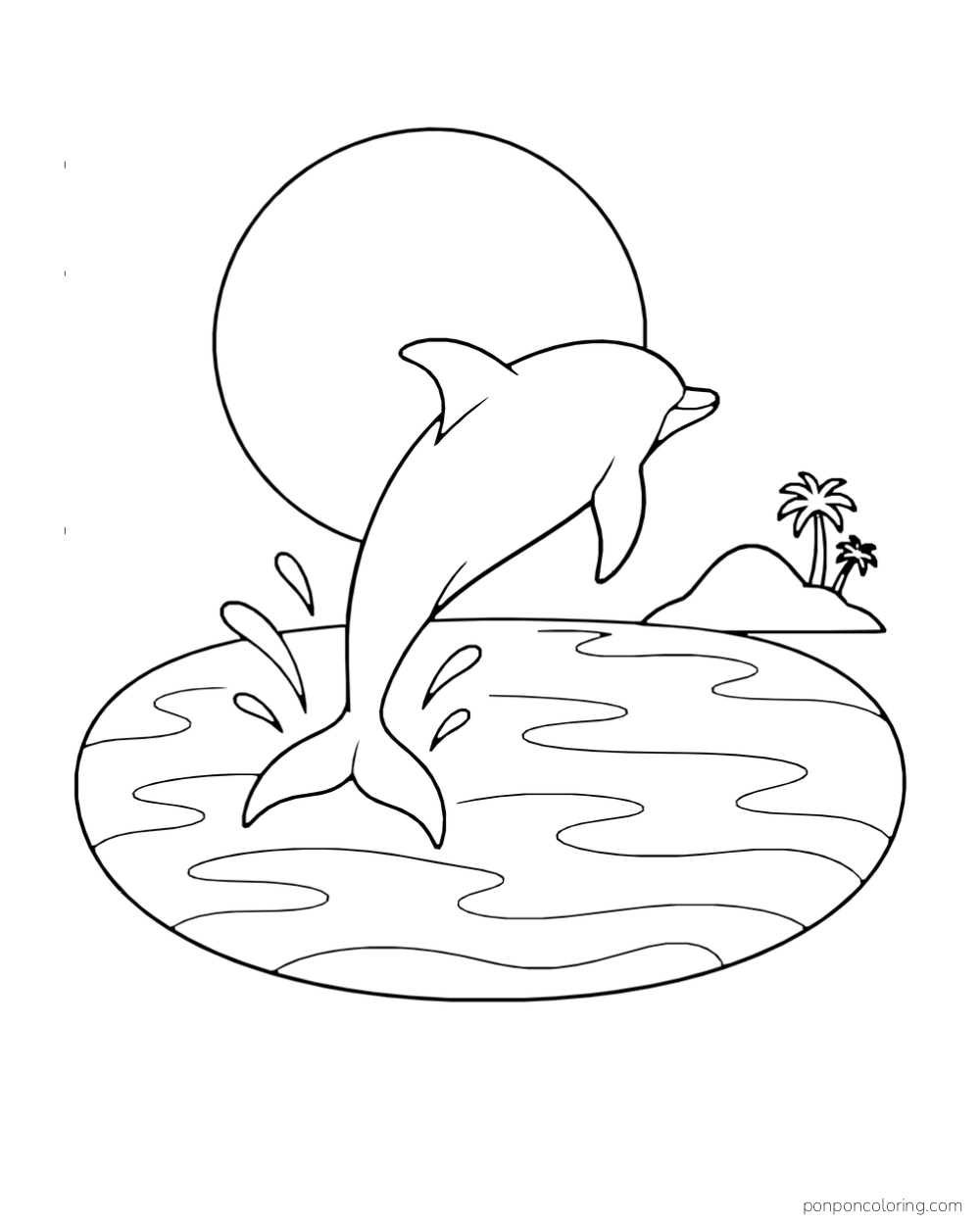 A dolphin rises above an oval water patch with a large round disk in the sky and a small island beyond.