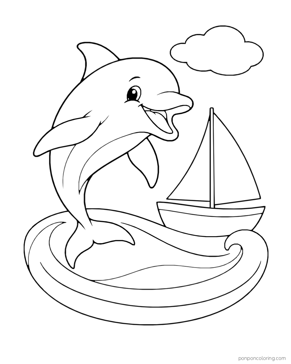 A dolphin leaps beside a small sailboat above a curled wave, with one cloud overhead.