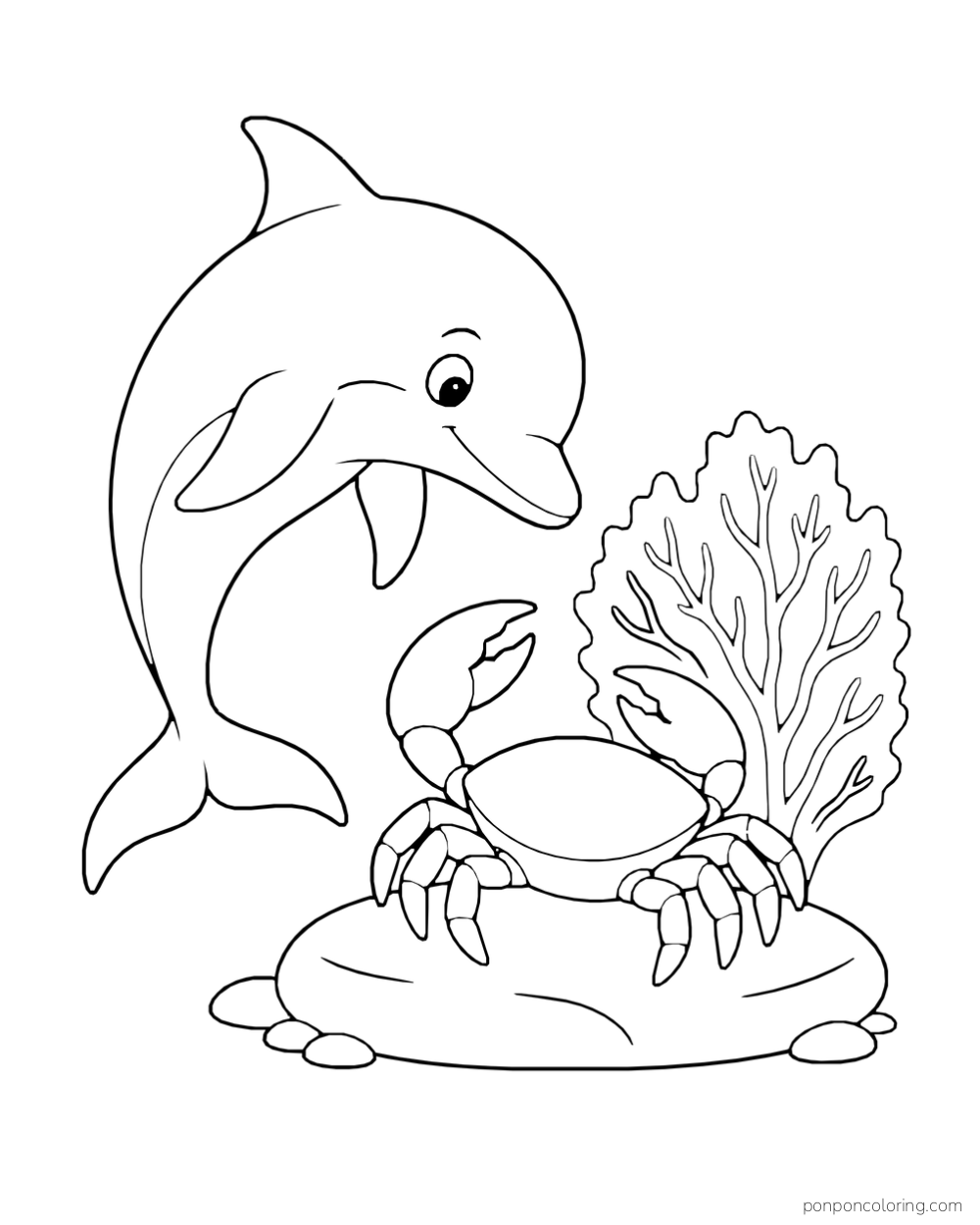 A dolphin bends toward a large crab on a smooth reef stone beside a fan-shaped sea plant.