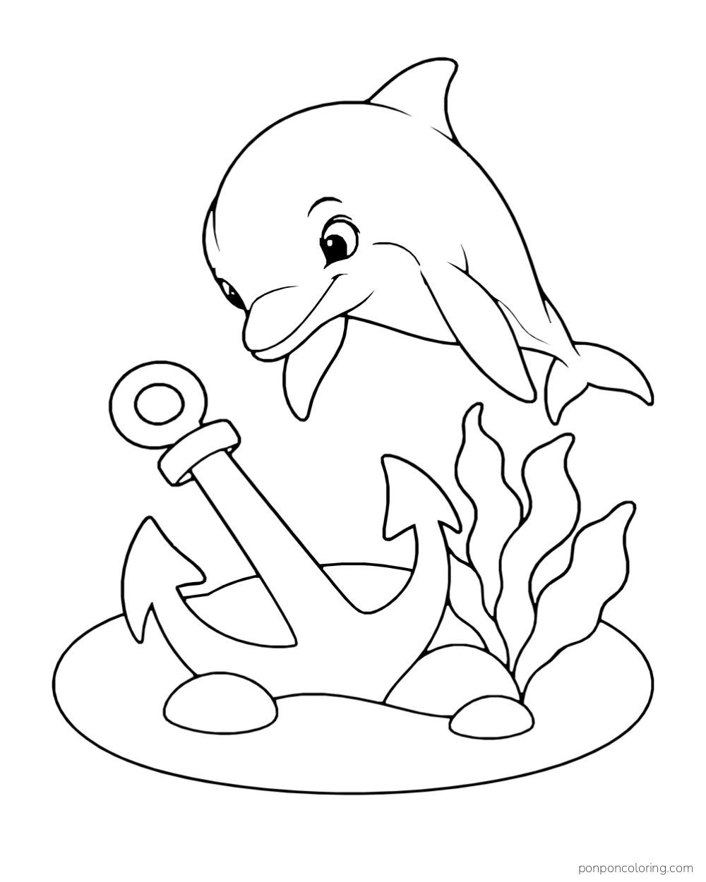 A dolphin looks down toward a large old anchor beside sea leaves and smooth stones.