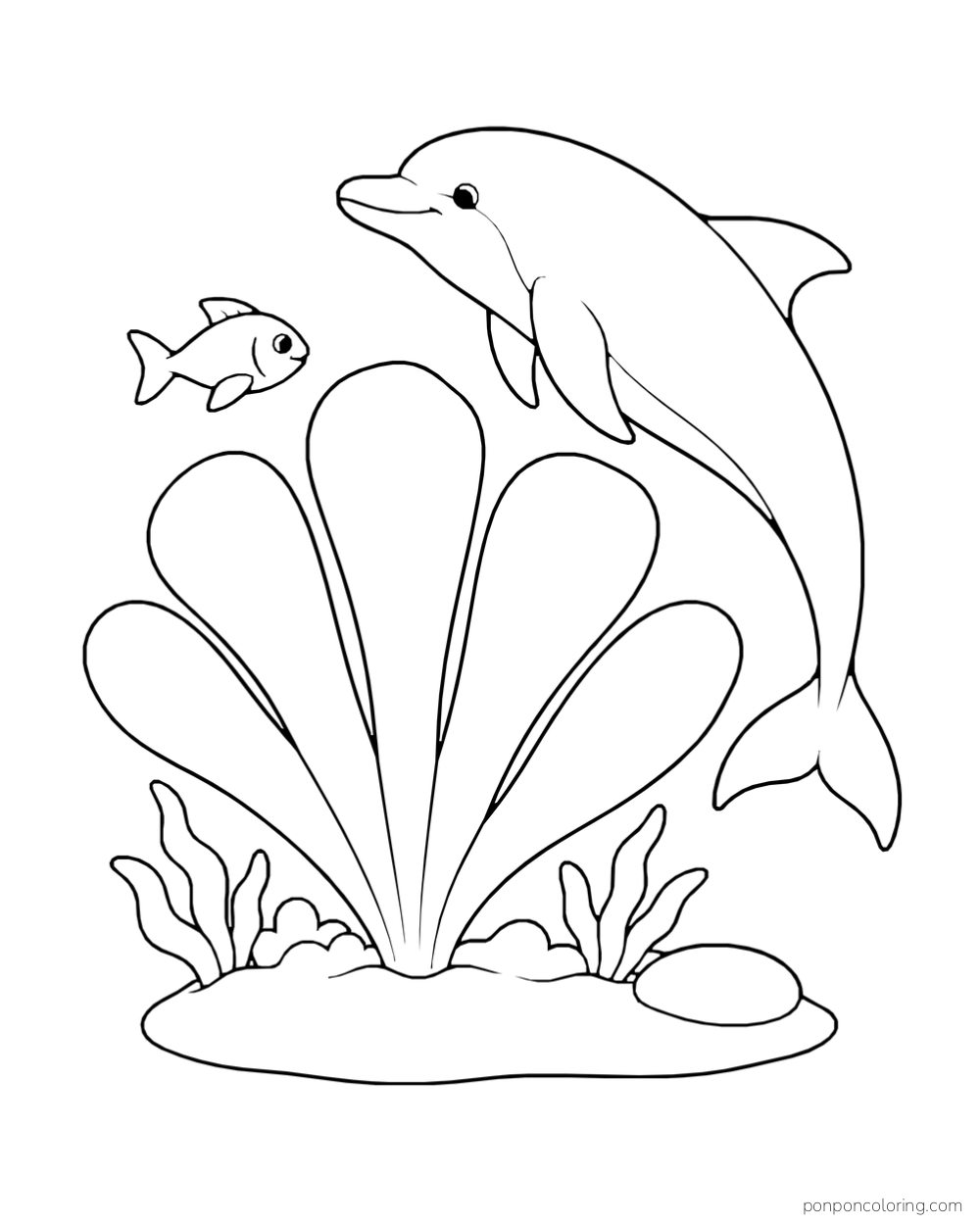 A dolphin curves beside a broad fan-shaped sea plant as one small fish swims nearby above a low reef.