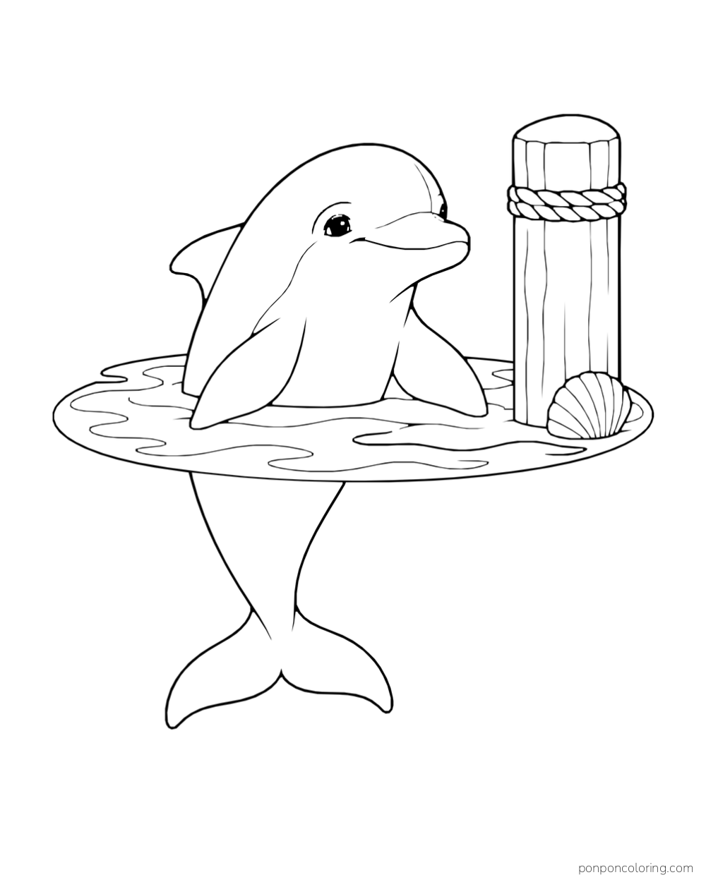 A dolphin rises through an oval water patch beside a rope-bound wooden post and a scallop shell.