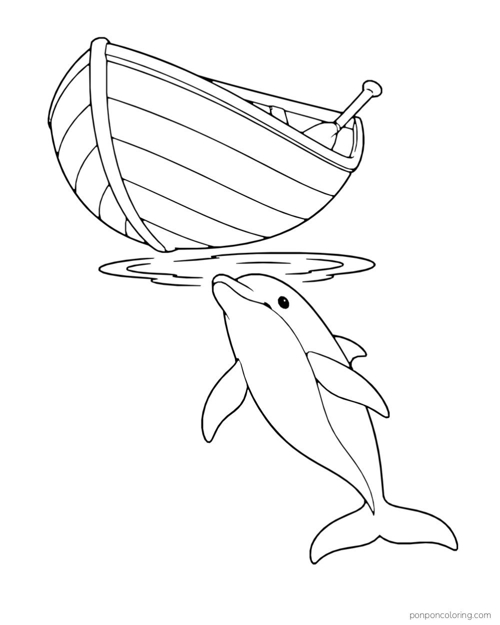 A dolphin glides beneath a small empty rowboat with an oar, separated by a surface ripple.