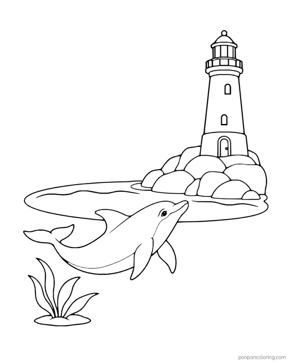A dolphin glides toward a large lighthouse on a rocky island, with a broad sea-grass clump below and a closed water band between them.