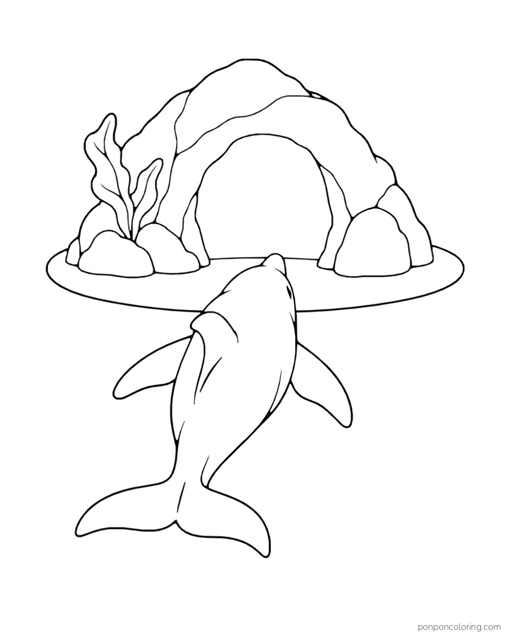 Rear view of a dolphin swimming toward a broad rounded cave opening in a rocky islet, with a sea leaf beside it.