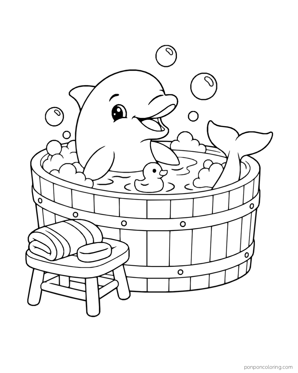 A dolphin sits in a wooden tub with foam and a toy duck, its tail above the water, beside a stool holding a rolled towel and soap.