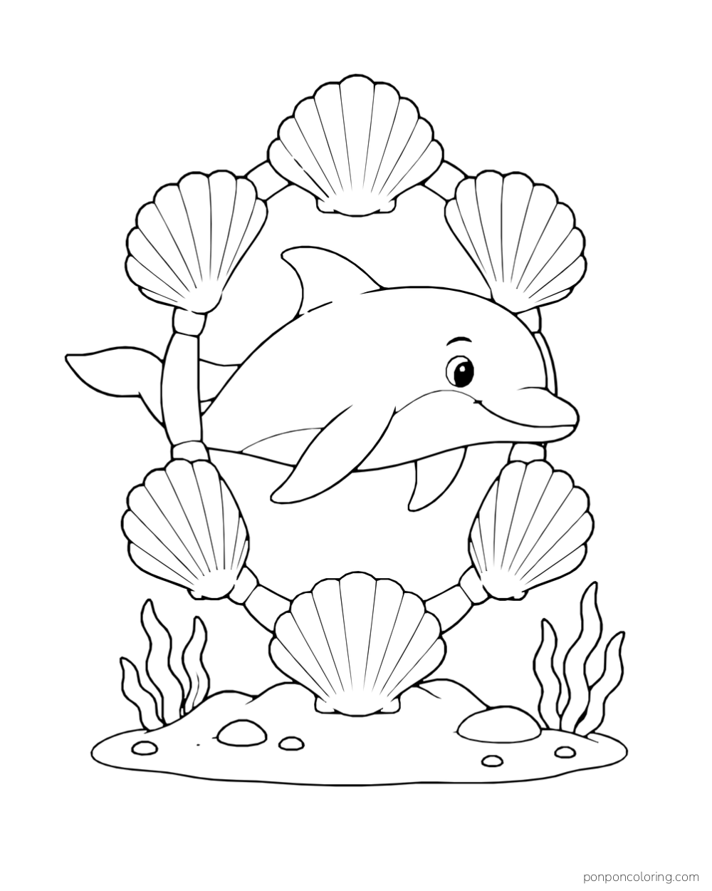 A dolphin passes through a ring decorated with six shells.