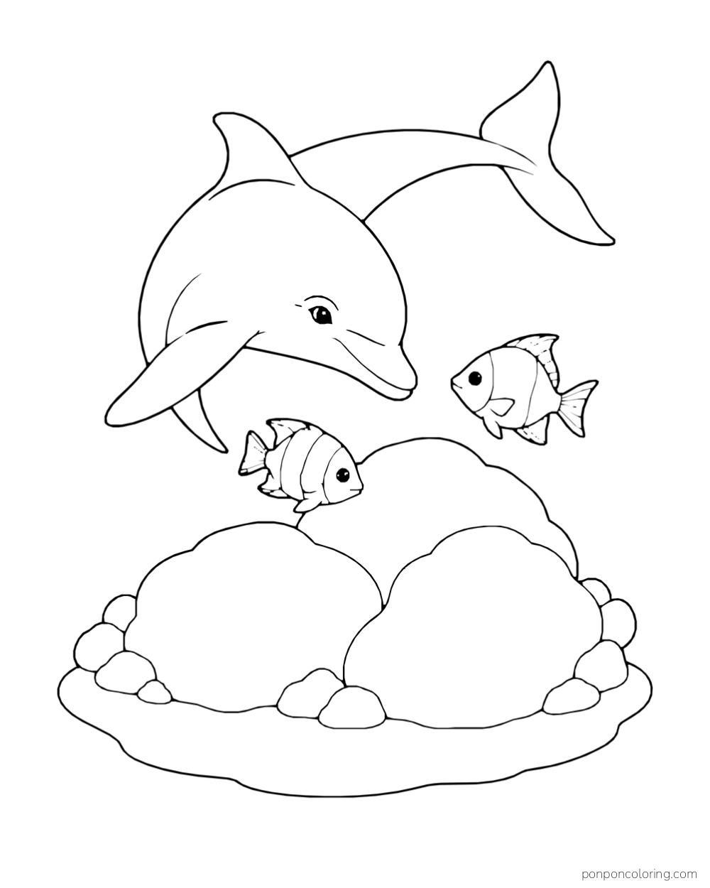 A dolphin curves over two small fish and rounded coral mounds on a low reef patch.
