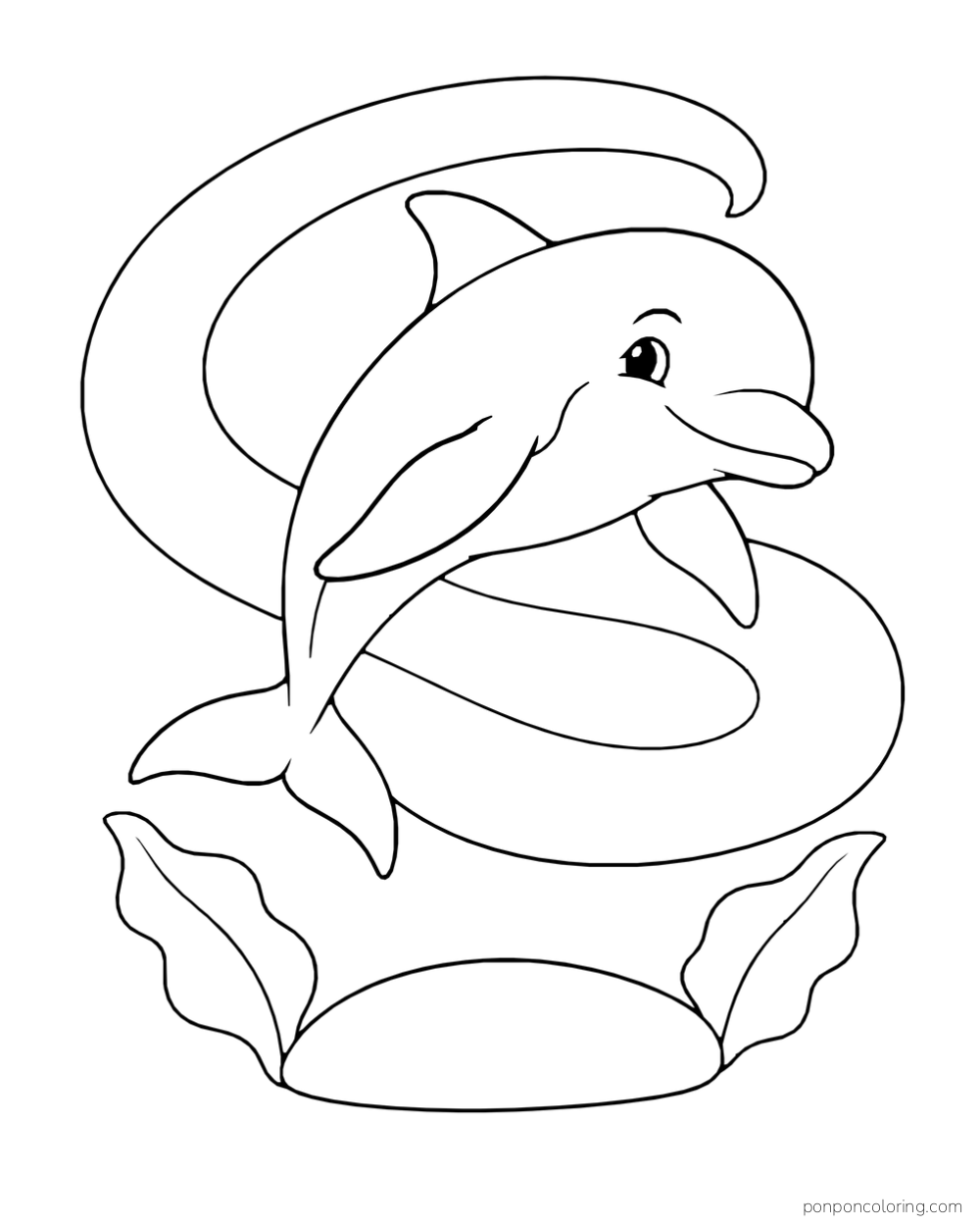 A dolphin curves among broad water bands above a low oval stone with two broad leaves.
