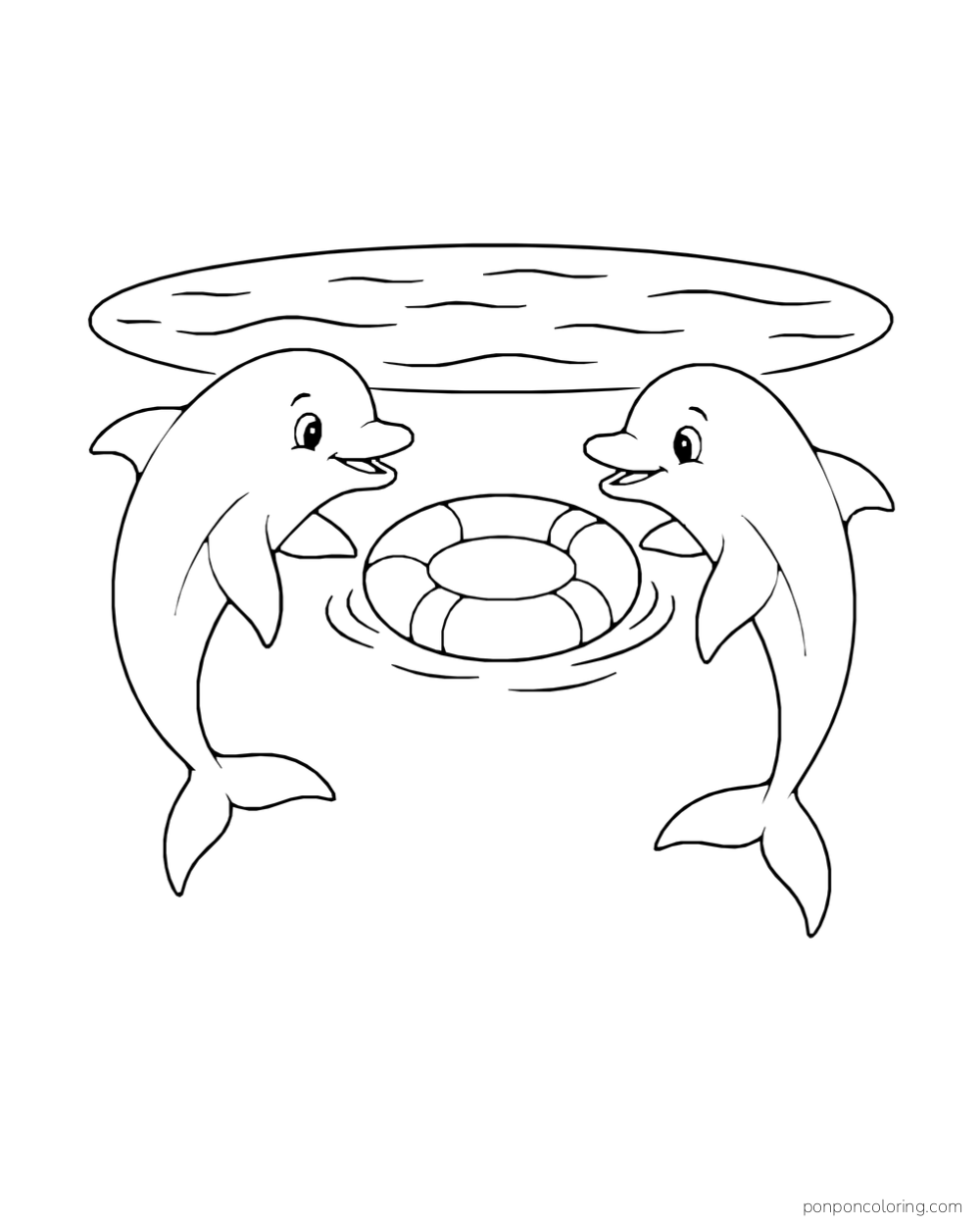 Two dolphins face a floating lifebuoy.