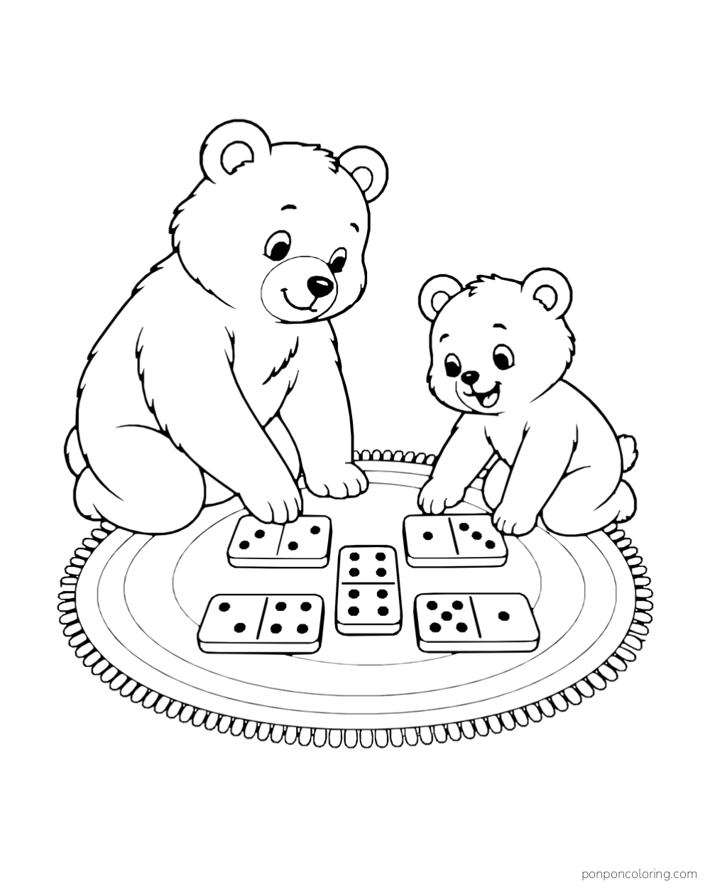 Two bears of different sizes arrange large dotted domino tiles on a round rug.