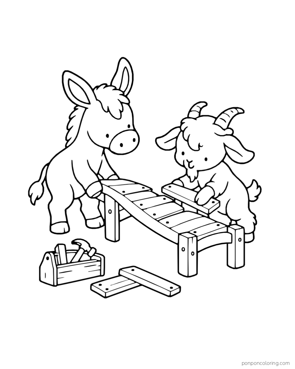 A donkey holds a small wooden bridge while a goat places a board on it, beside a toolbox and spare boards.
