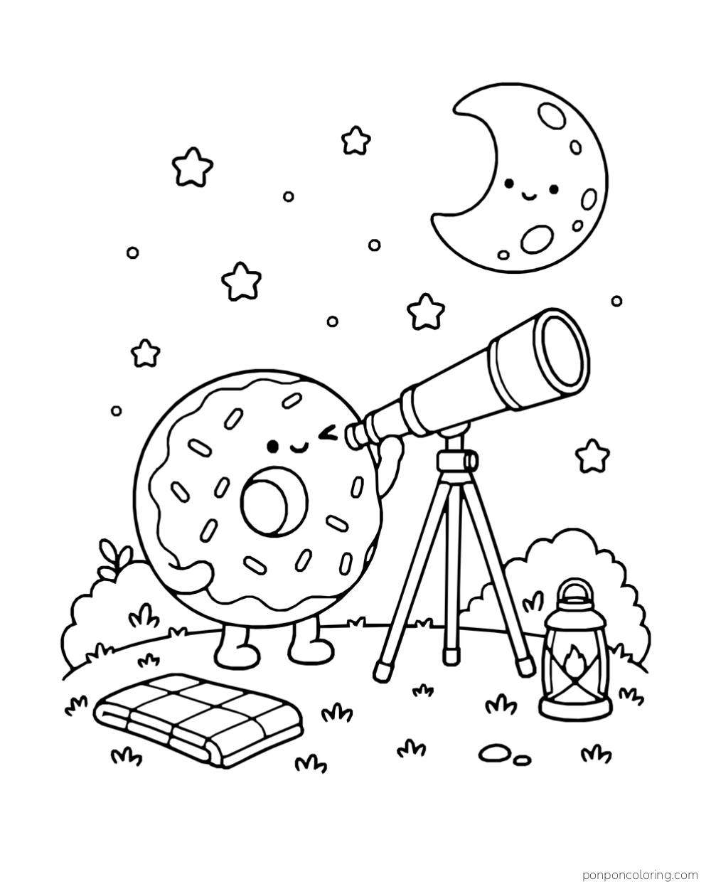 A donut looks through a telescope beneath stars and a crescent moon, with a lantern and folded blanket nearby.