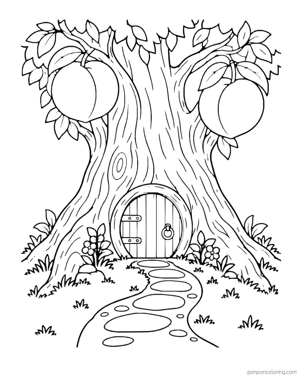 Little round door at the base of a peach tree with a stepping-stone path.