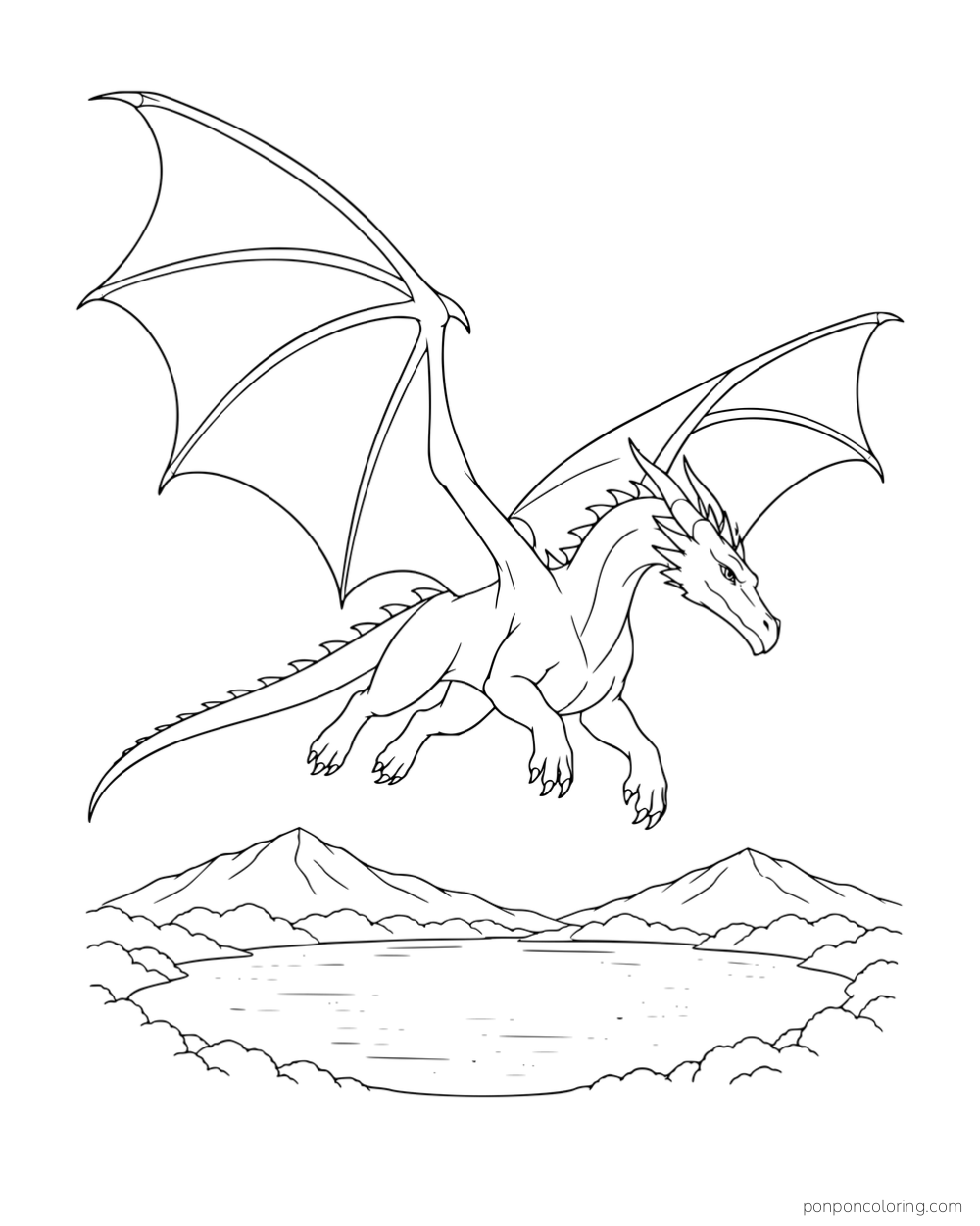 A winged dragon flying above a lake between mountains.