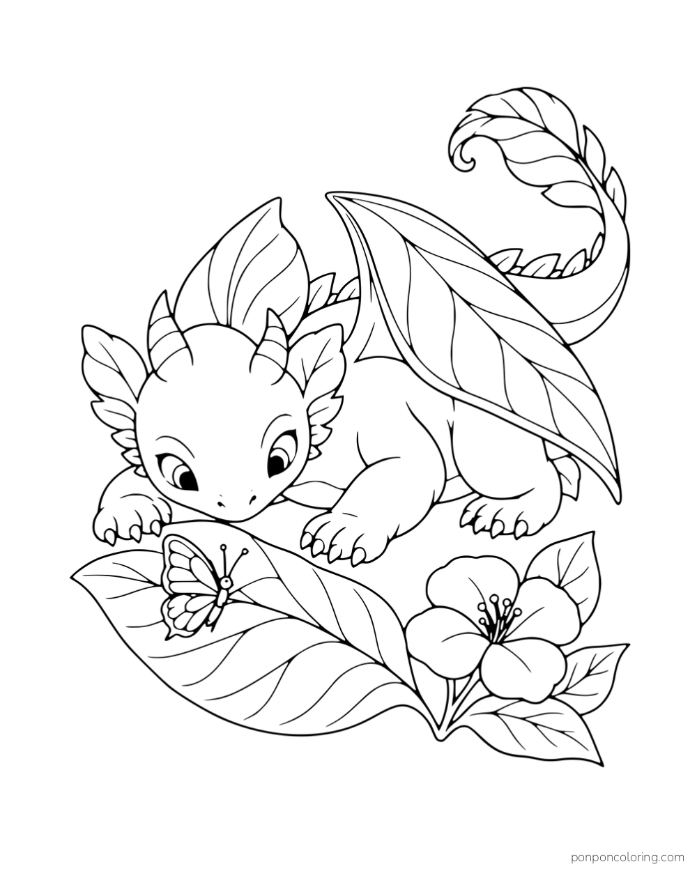 A leafy dragon looking at a butterfly on a large leaf beside a flower.