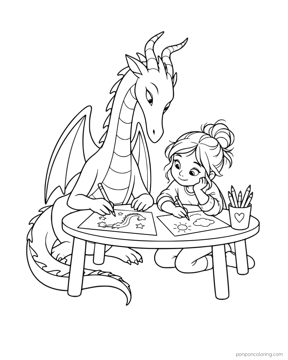 A dragon and a girl drawing at a round table with a cup of colored pencils.