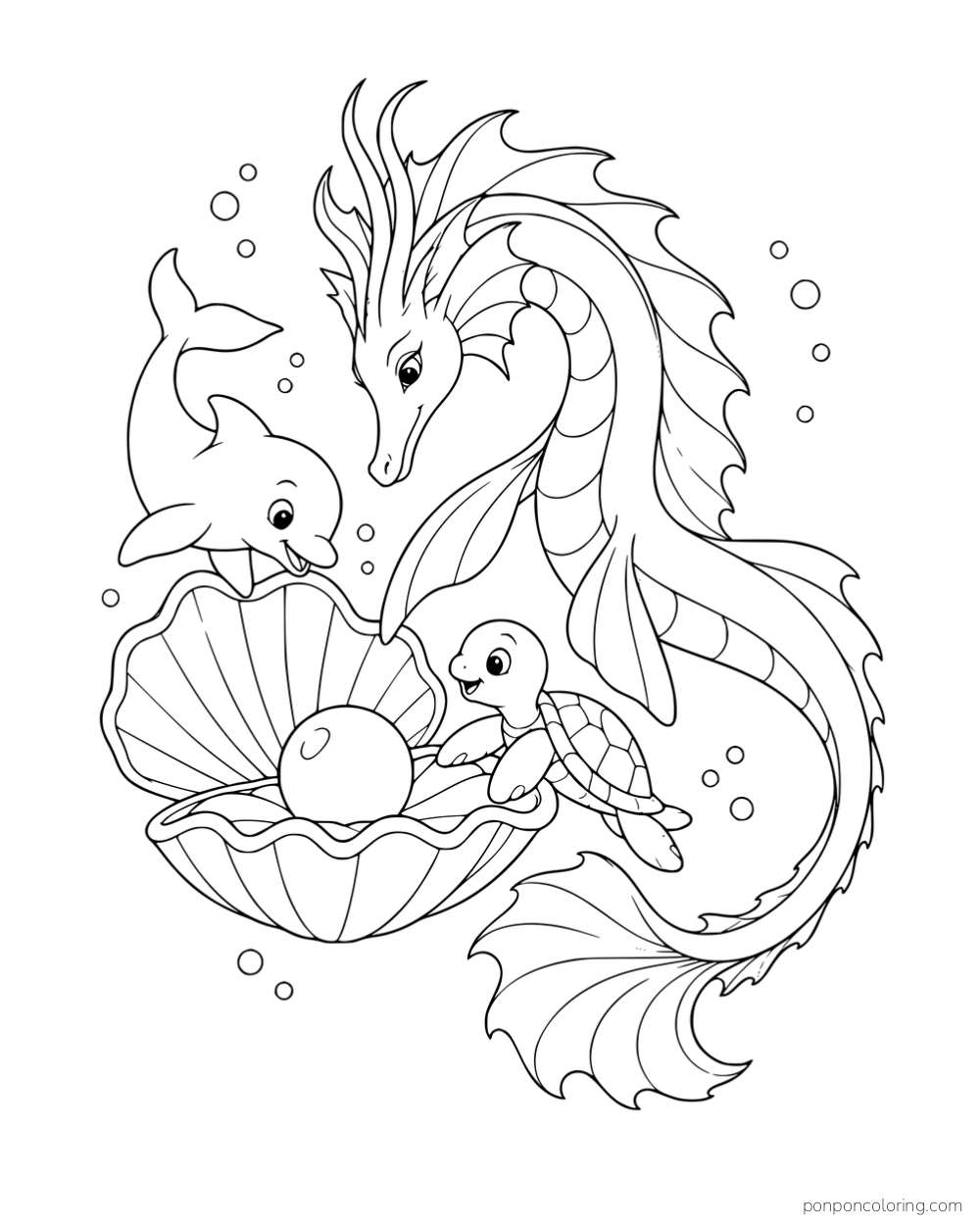 A finned sea dragon, dolphin and turtle gathered around an open shell with a pearl.