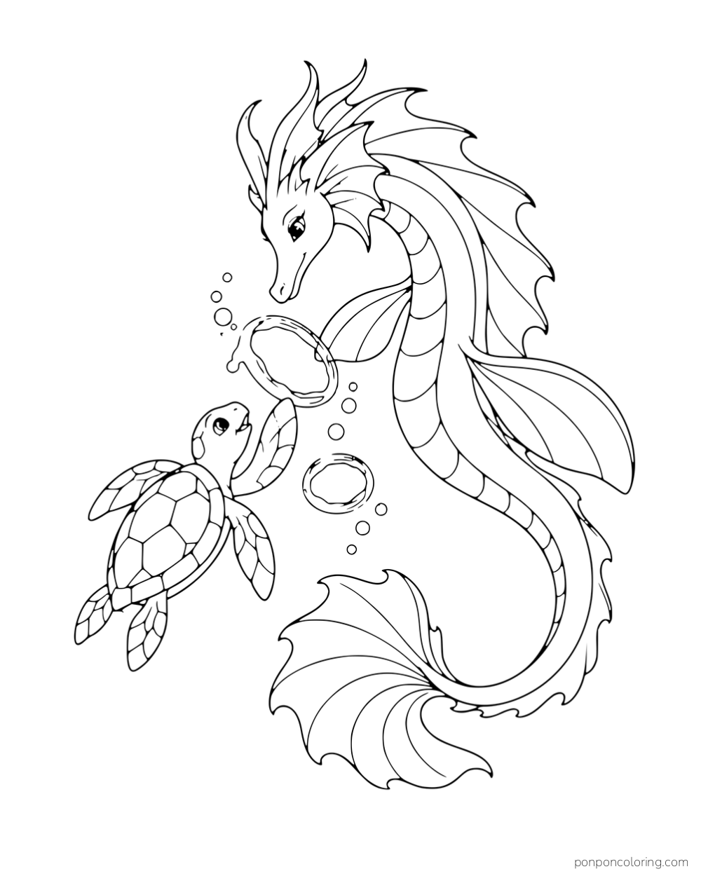 A sea dragon and a turtle watching two bubble rings.