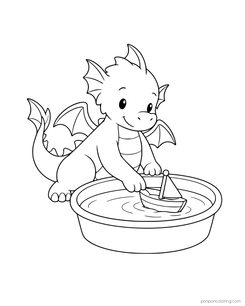 A small dragon pushing a toy sailboat in a round basin of water.