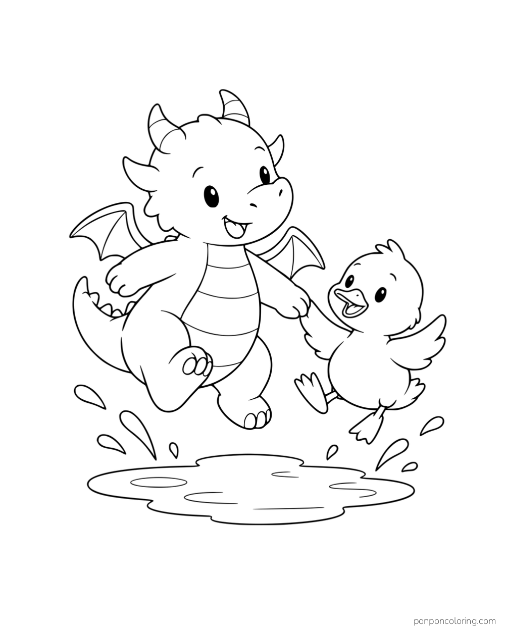 A dragon and a duckling jumping over a puddle.